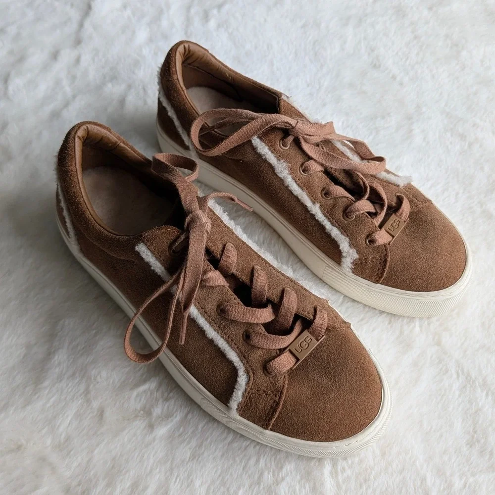 UGG Jass Suede Shearling Platform Sneakers Chestnut Brown Women 7